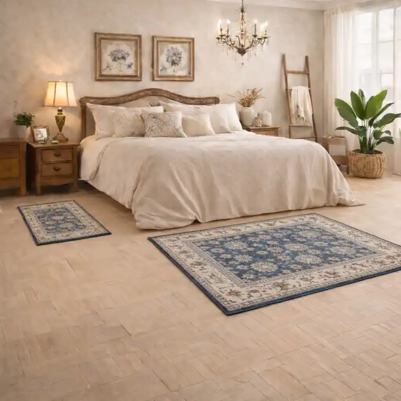 ESTRELLA - Tappeto Parure Scendiletto Classico Contemporaneo Stile Persiano Effetto Vintage Blu J9461-E22171