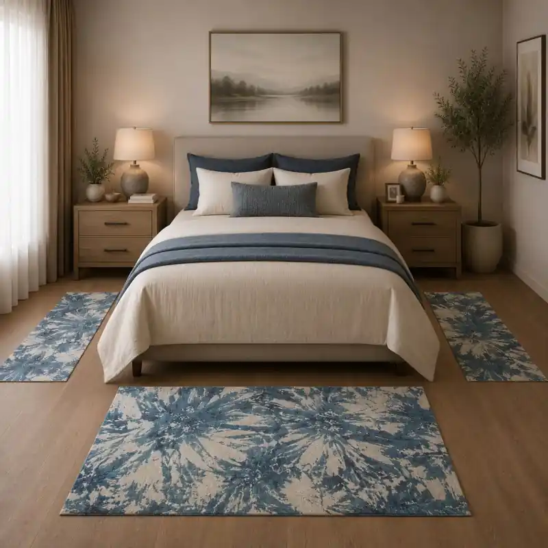 NINFEE - Tappeto Parure Scendiletto Classico Floreale Ciniglia Jacquard - Lavabile ed Antiscivolo - Jeans