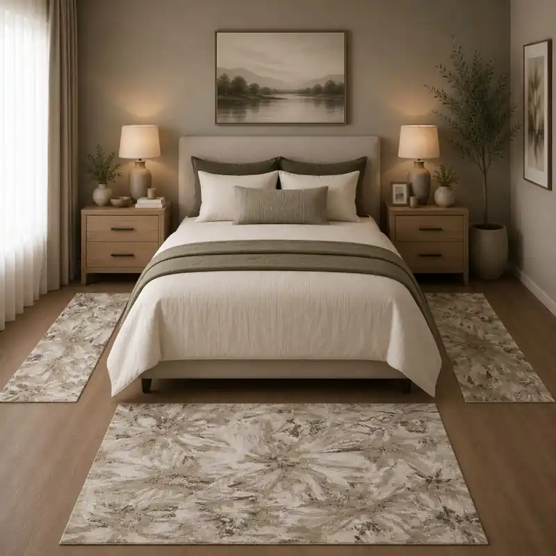 NINFEE - Tappeto Parure Scendiletto Classico Floreale Ciniglia Jacquard - Lavabile ed Antiscivolo - Beige