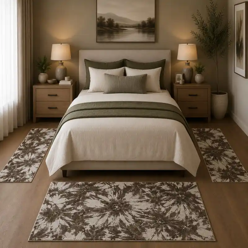 NINFEE - Tappeto Parure Scendiletto Classico Floreale Ciniglia Jacquard - Lavabile ed Antiscivolo - Fango