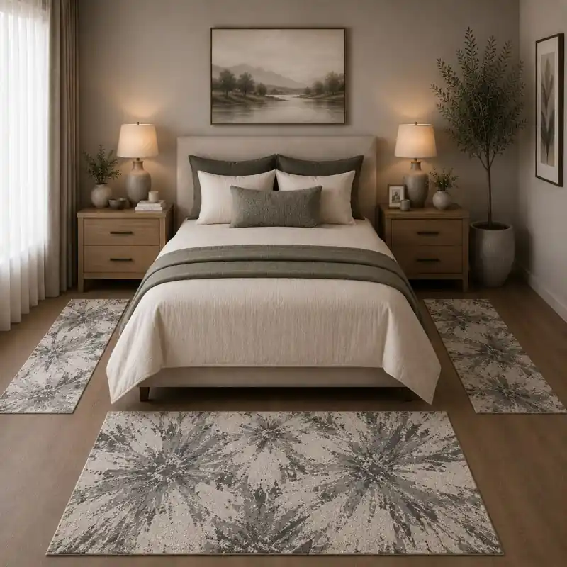 NINFEE - Tappeto Parure Scendiletto Classico Floreale Ciniglia Jacquard - Lavabile ed Antiscivolo - Grigio