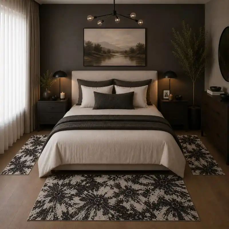 NINFEE - Tappeto Parure Scendiletto Classico Floreale Ciniglia Jacquard - Lavabile ed Antiscivolo - Nero