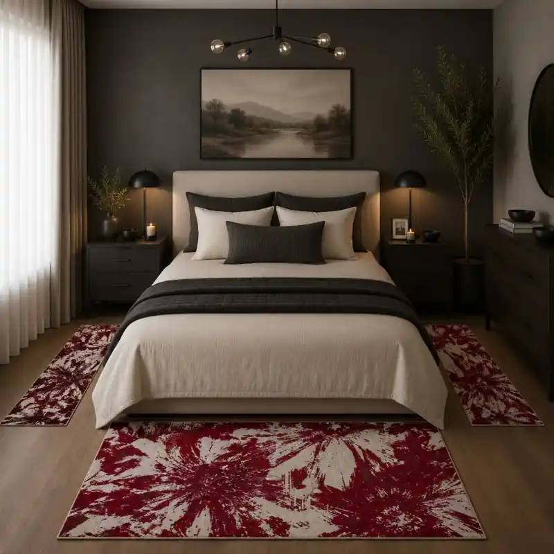 NINFEE - Tappeto Parure Scendiletto Classico Floreale Ciniglia Jacquard - Lavabile ed Antiscivolo - Rosso