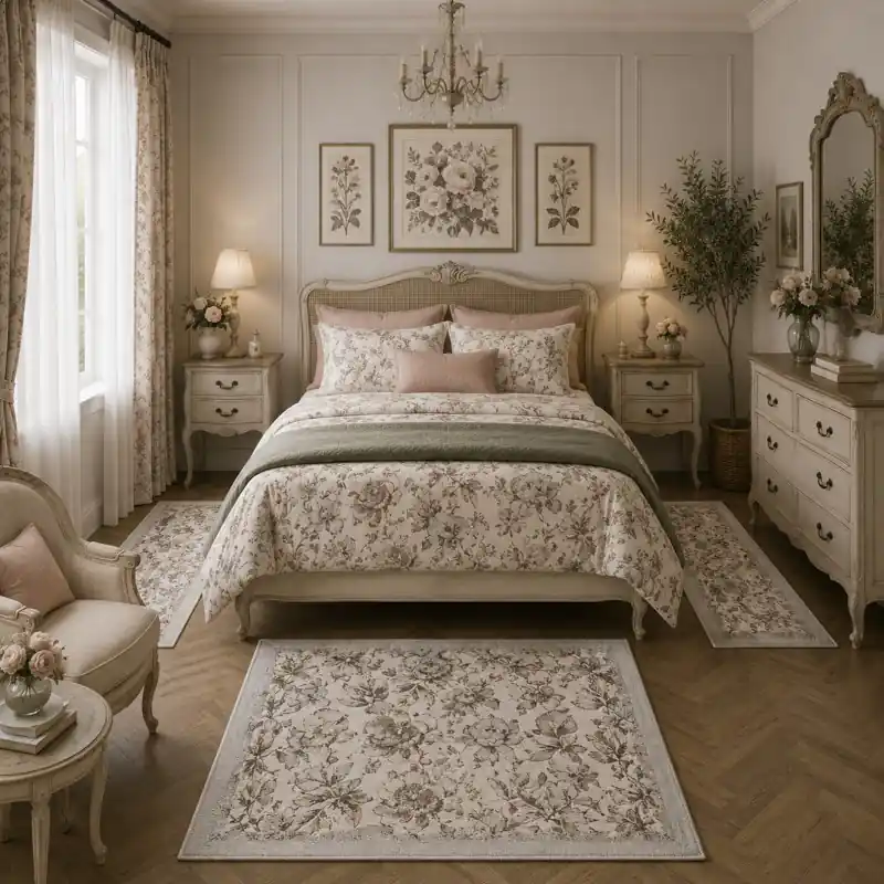 PEONY - Tappeto Parure Scendiletto Classico Floreale Ciniglia Jacquard - Lavabile ed Antiscivolo - Beige Grigio