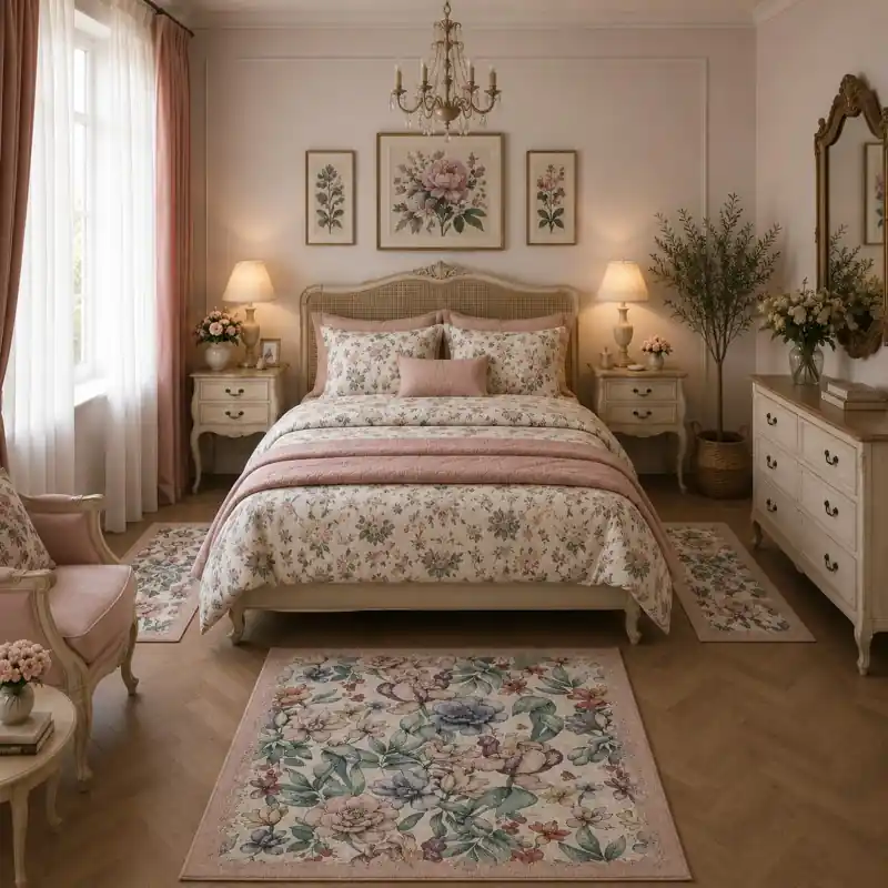 PEONY - Tappeto Parure Scendiletto Classico Floreale Ciniglia Jacquard - Lavabile ed Antiscivolo - Multicolor