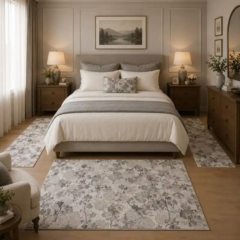 BOTANIC - Tappeto Parure Scendiletto Classico Floreale - Lavabile ed Antiscivolo - Ciniglia Jacquard - Argento