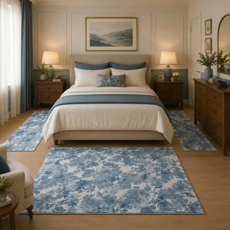BOTANIC - Tappeto Parure Scendiletto Classico Floreale - Lavabile ed Antiscivolo - Ciniglia Jacquard - Azzurro