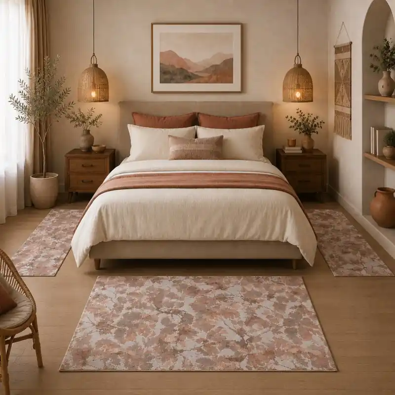 BOTANIC - Tappeto Parure Scendiletto Classico Floreale - Lavabile ed Antiscivolo - Ciniglia Jacquard - Cipria