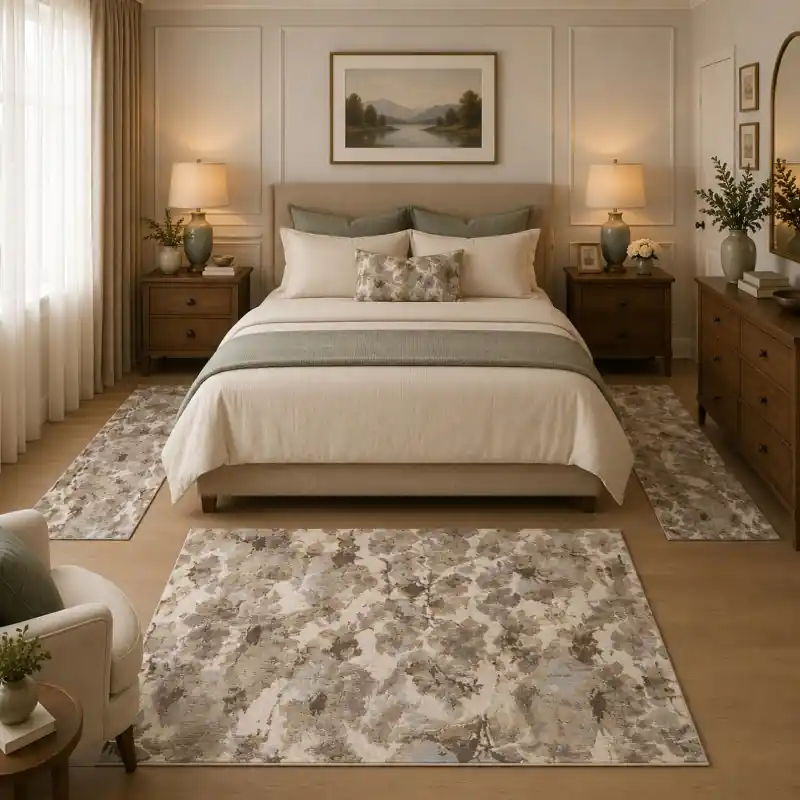BOTANIC - Tappeto Parure Scendiletto Classico Floreale - Lavabile ed Antiscivolo - Ciniglia Jacquard - Tortora