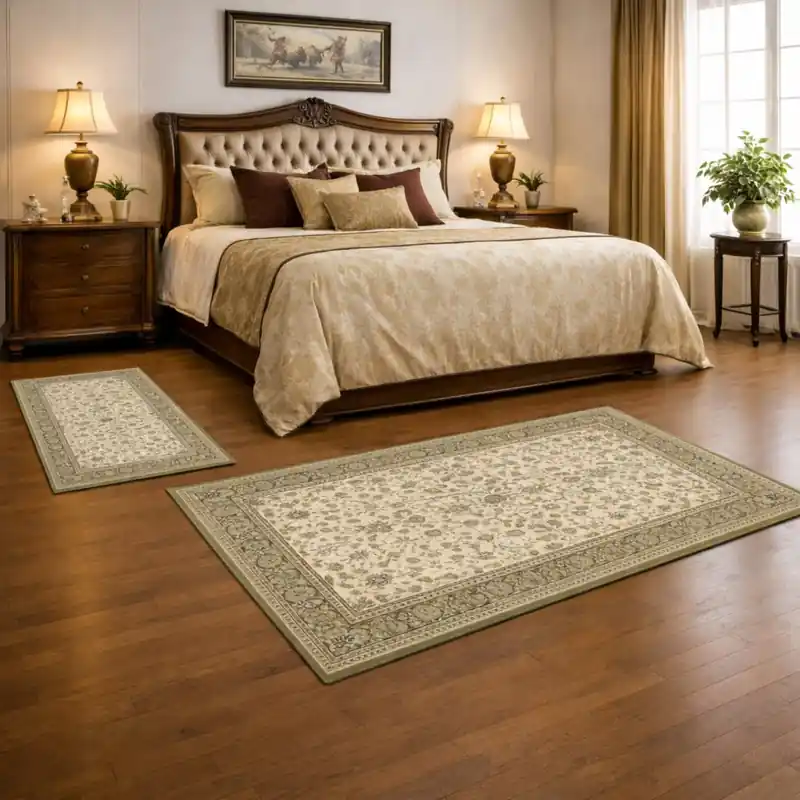 LEONARDO - Tappeto Parure Scendiletto Pregiato Classico Orientale Greche Fiori Beige 57221-6424
