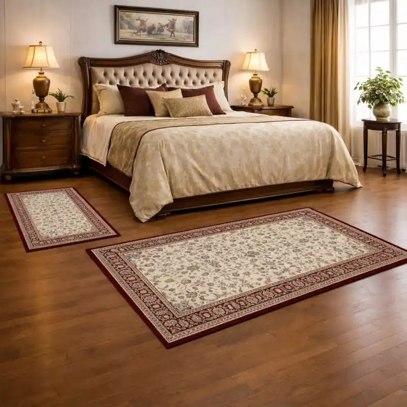 LEONARDO - Tappeto Parure Scendiletto Pregiato Classico Orientale Greche Fiori Beige Rosso 57221-6414