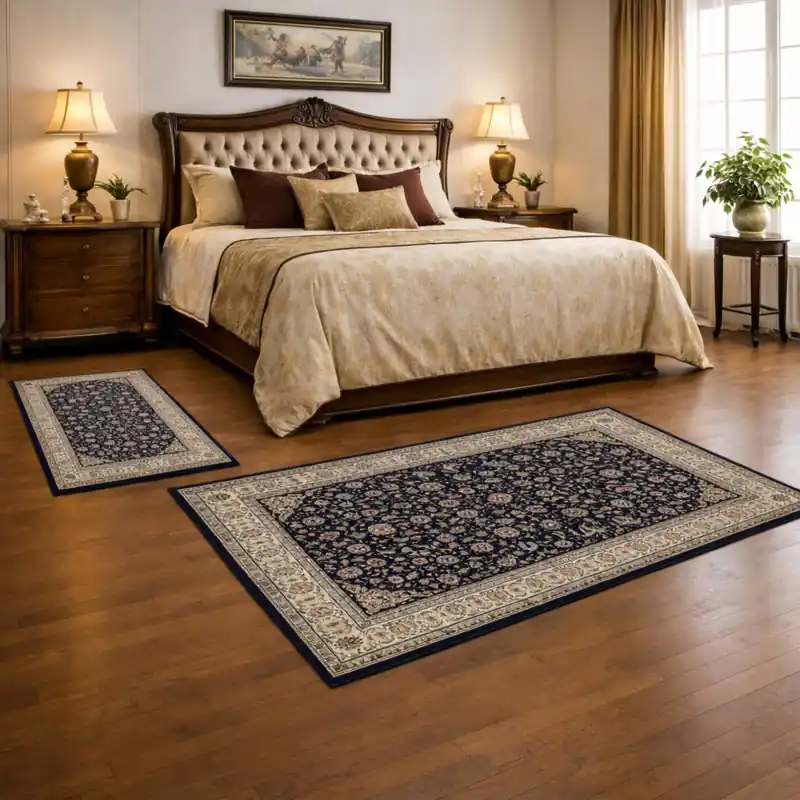 LEONARDO - Tappeto Parure Scendiletto Pregiato Classico Orientale Greche Fiori Blu 57221-3434