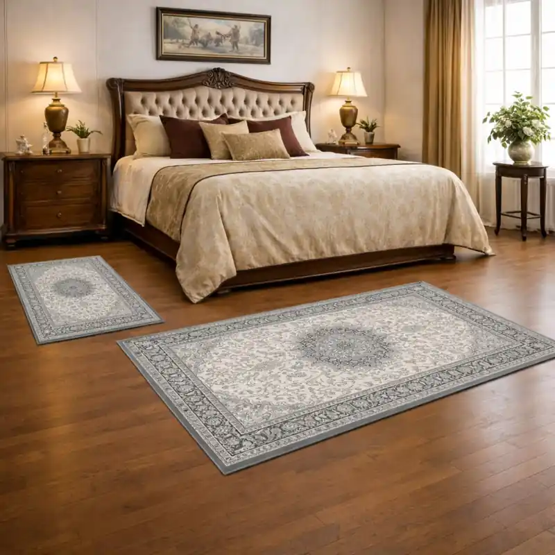 LEONARDO - Tappeto Parure Scendiletto Pregiato Classico Orientale Greche Fiori Grigio 57178-6656