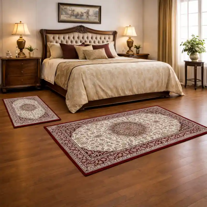 LEONARDO - Tappeto Parure Scendiletto Pregiato Classico Orientale Greche Fiori Rosso 57178-6414