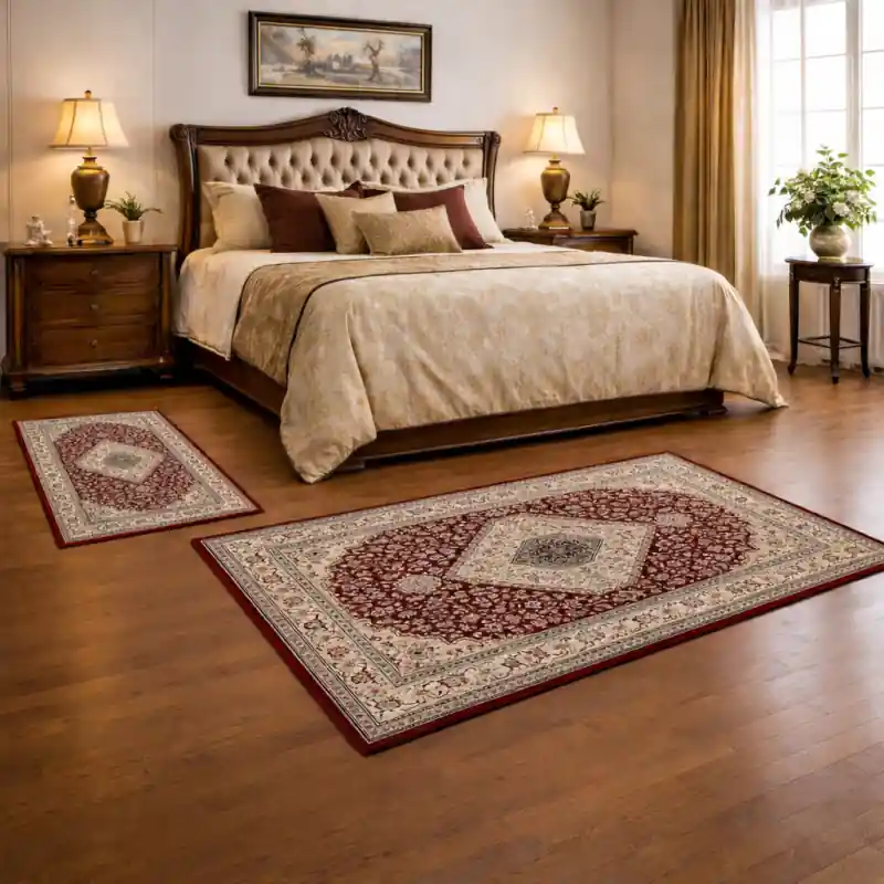 LEONARDO - Tappeto Parure Scendiletto Pregiato Classico Orientale Greche Rombo Rosso 57177-6414