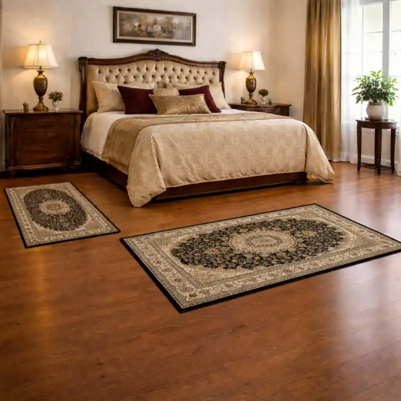 LEONARDO - Tappeto Parure Scendiletto Pregiato Classico Orientale Greche Fiori Blu 57119-3434
