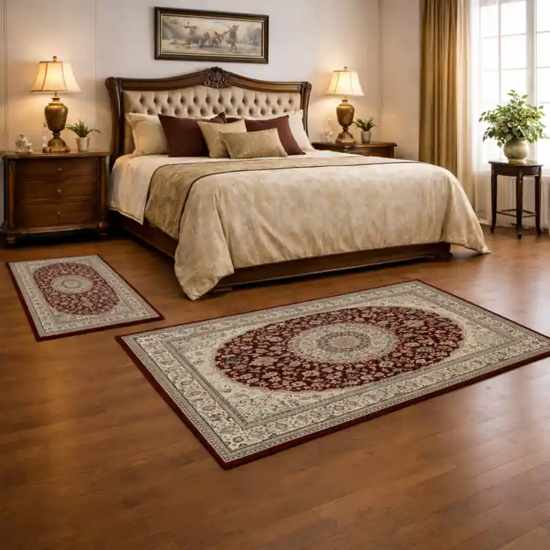 LEONARDO - Tappeto Parure Scendiletto Pregiato Classico Orientale Greche Fiori Rosso 57119-1414