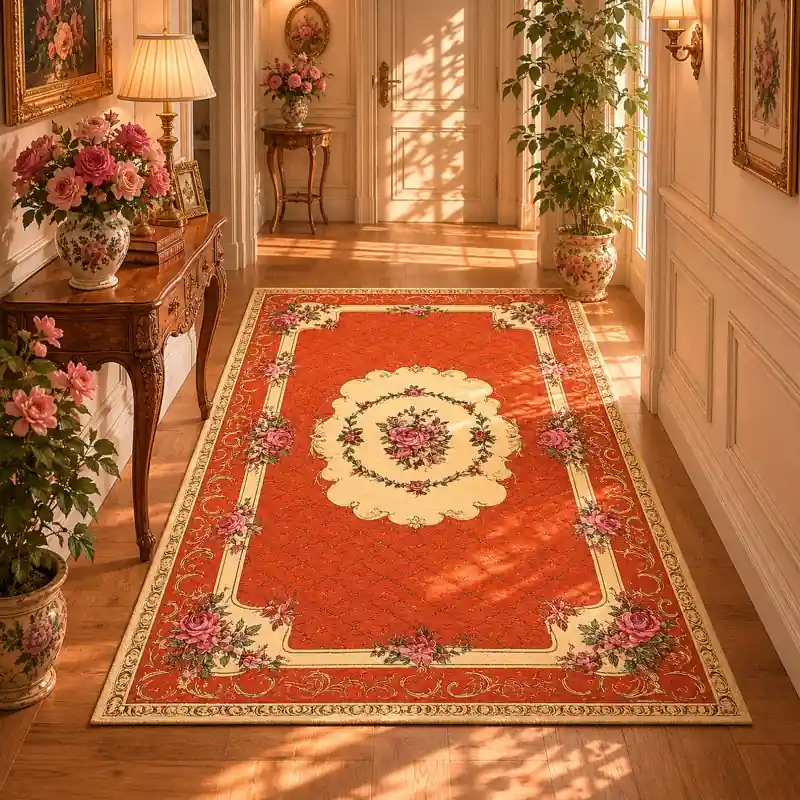 BOUQUET - Tappeto Passatoia Corsia Classico Floreale - Lavabile ed Antiscivolo - Ciniglia Jacquard - Arancio