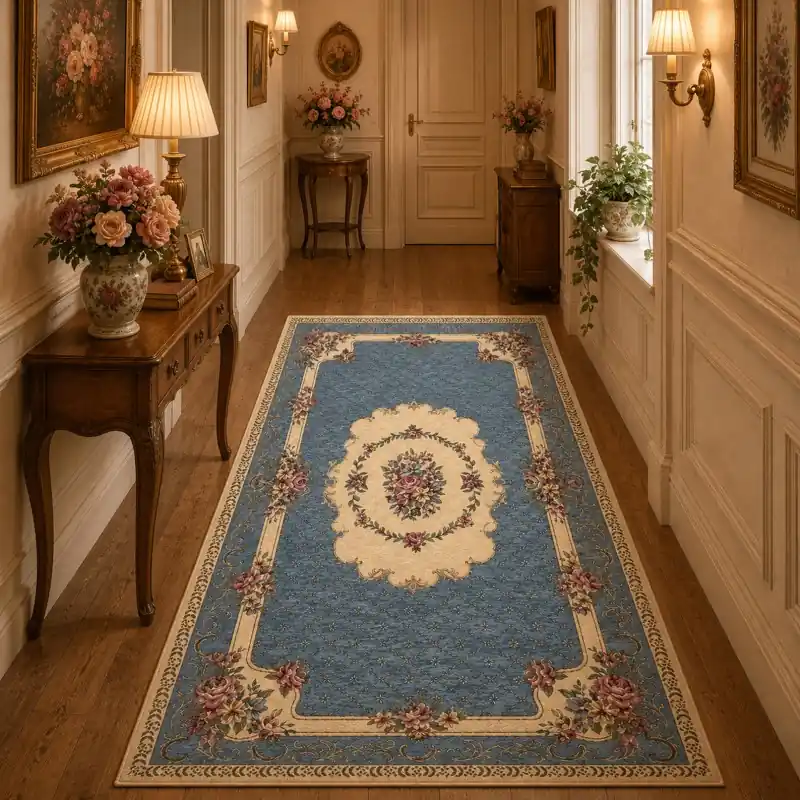 BOUQUET - Tappeto Passatoia Corsia Classico Floreale - Lavabile ed Antiscivolo - Ciniglia Jacquard - Azzurro