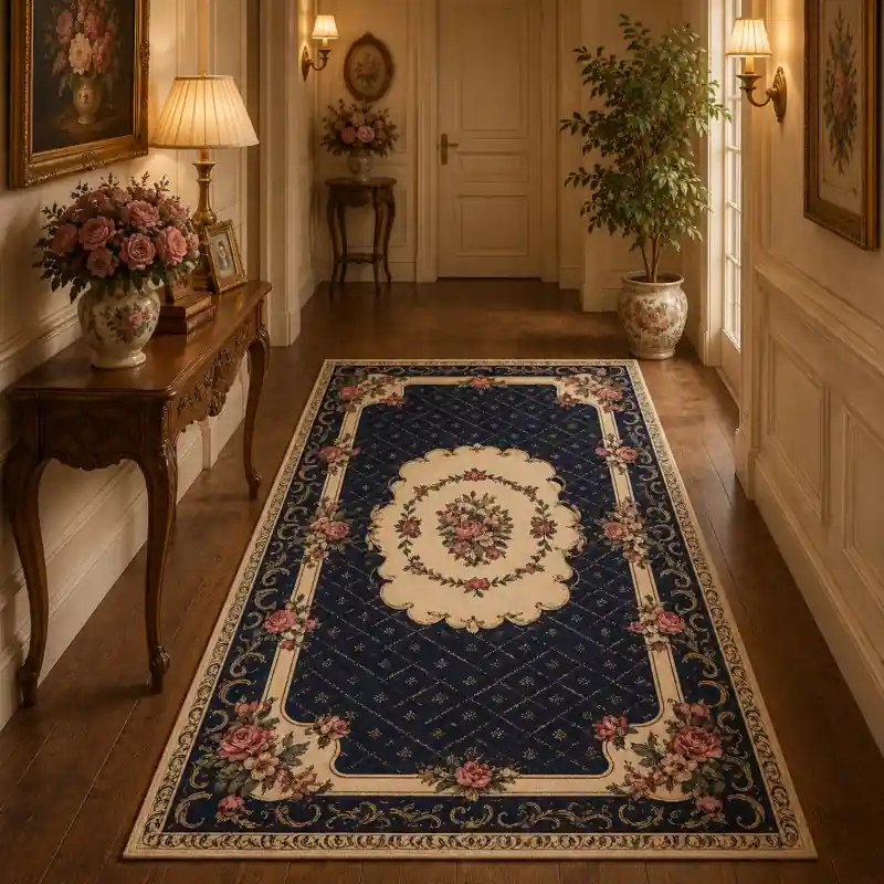 BOUQUET - Tappeto Passatoia Corsia Classico Floreale - Lavabile ed Antiscivolo - Ciniglia Jacquard - Blu