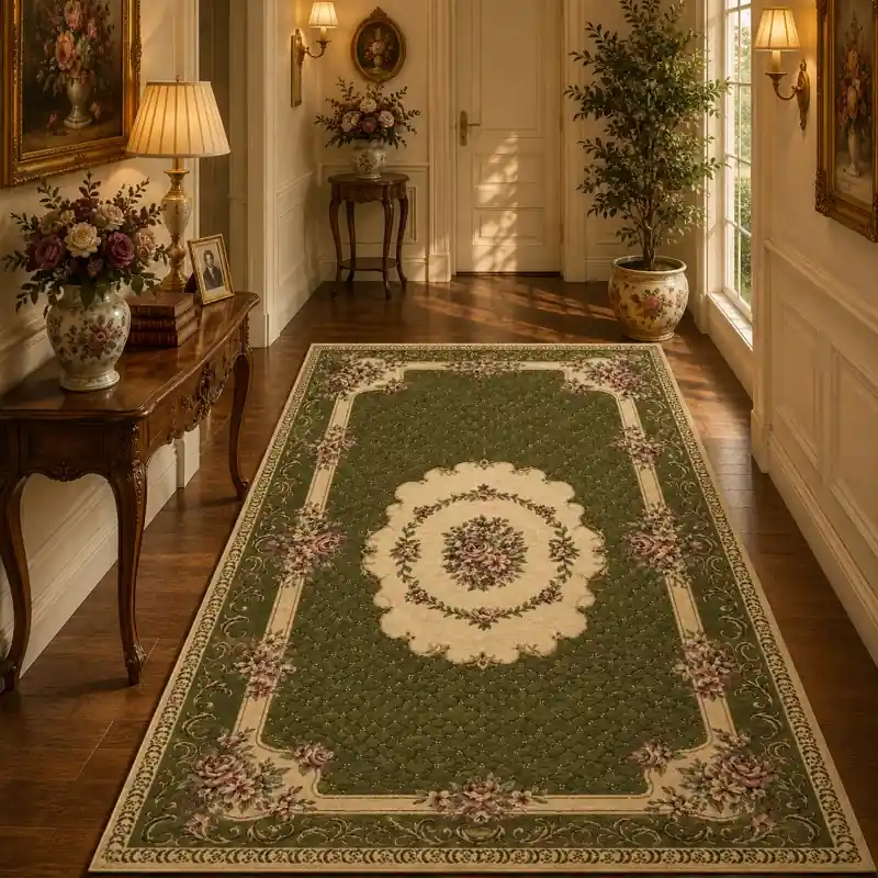 BOUQUET - Tappeto Passatoia Corsia Classico Floreale - Lavabile ed Antiscivolo - Ciniglia Jacquard - Verde