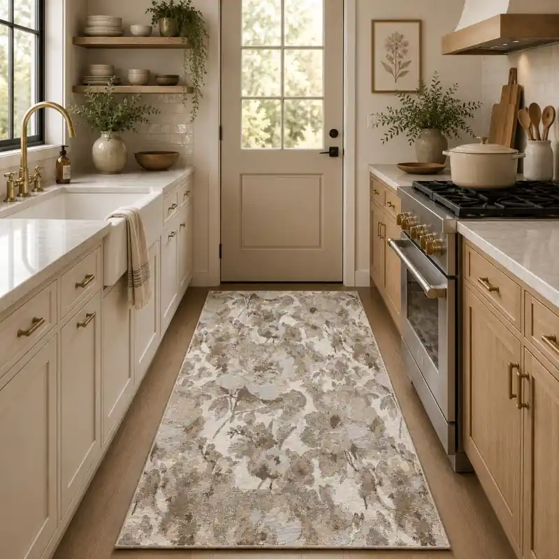 BOTANIC - Tappeto Passatoia Cucina Classico Floreale - Lavabile ed Antiscivolo - Ciniglia Jacquard - Tortora