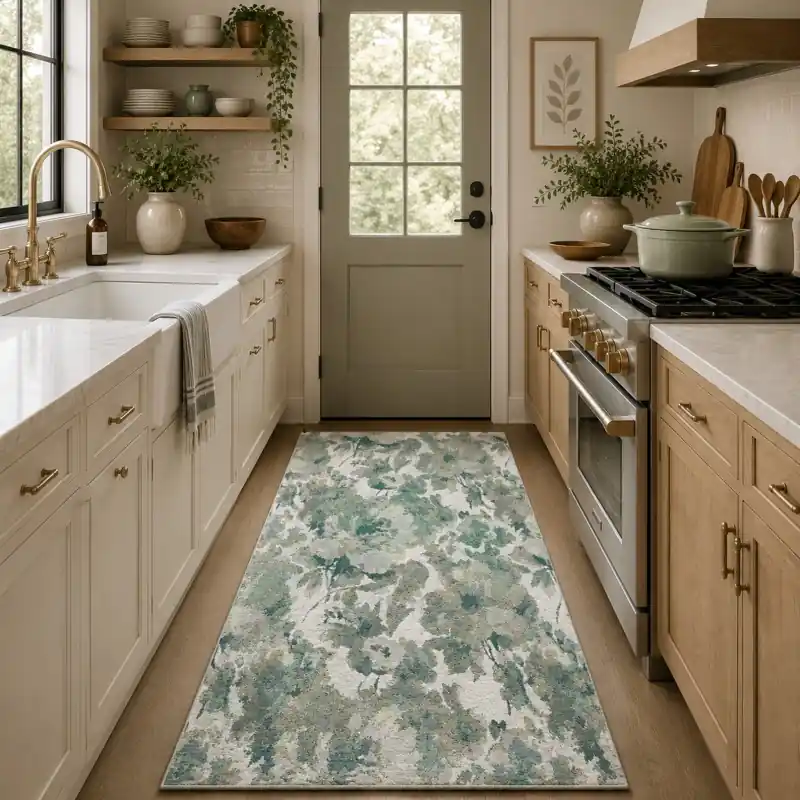 BOTANIC - Tappeto Passatoia Cucina Classico Floreale - Lavabile ed Antiscivolo - Ciniglia Jacquard - Acqua