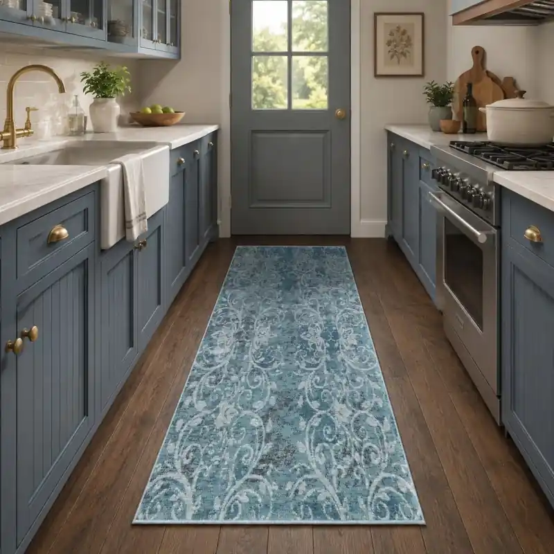 DAMASCO - Tappeto Passatoia da Cucina Geometrico Slavato - Lavabile ed Antiscivolo - Ciniglia Jacquard - Azzurro