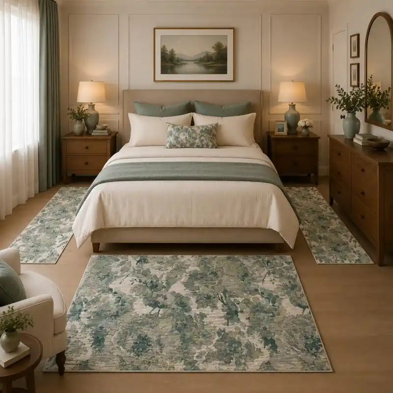 BOTANIC - Tappeto Parure Scendiletto Classico Floreale - Lavabile ed Antiscivolo - Ciniglia Jacquard - Acqua