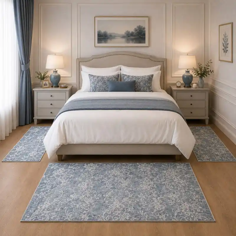 DAMASCO - Tappeto Passatoia Scendiletto Moderno Slavato Floreale - Lavabile ed Antiscivolo - Ciniglia Jacquard - Azzurro