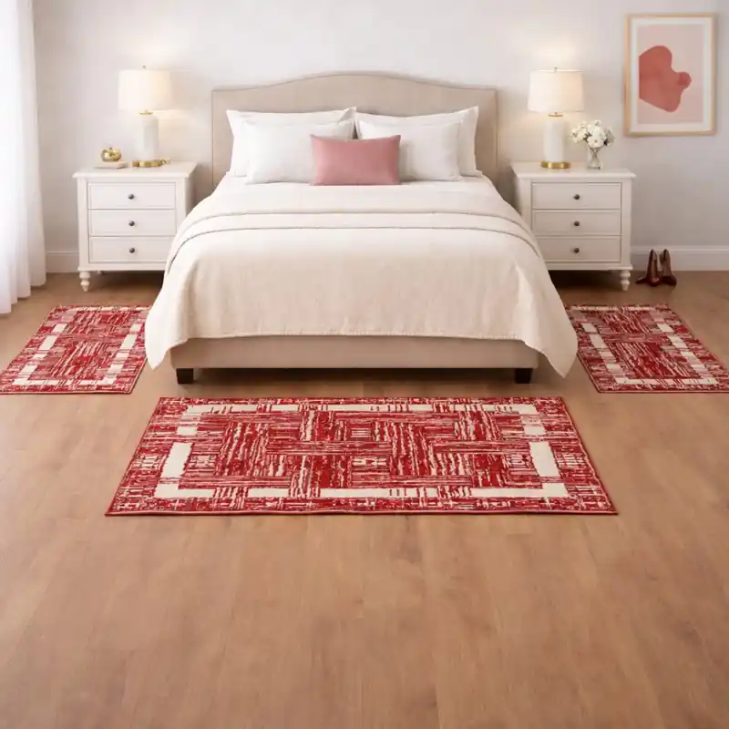 THAILAND - Tappeto Parure - Moderno Geometrico - Lavabile ed Antiscivolo - Ciniglia Jacquard - Rosso