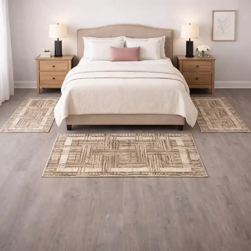 THAILAND - Tappeto Parure - Moderno Geometrico - Lavabile ed Antiscivolo - Ciniglia Jacquard - Tortora