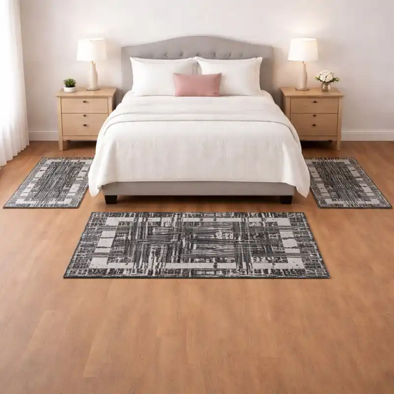 THAILAND - Tappeto Parure - Moderno Geometrico - Lavabile ed Antiscivolo - Ciniglia Jacquard - Nero