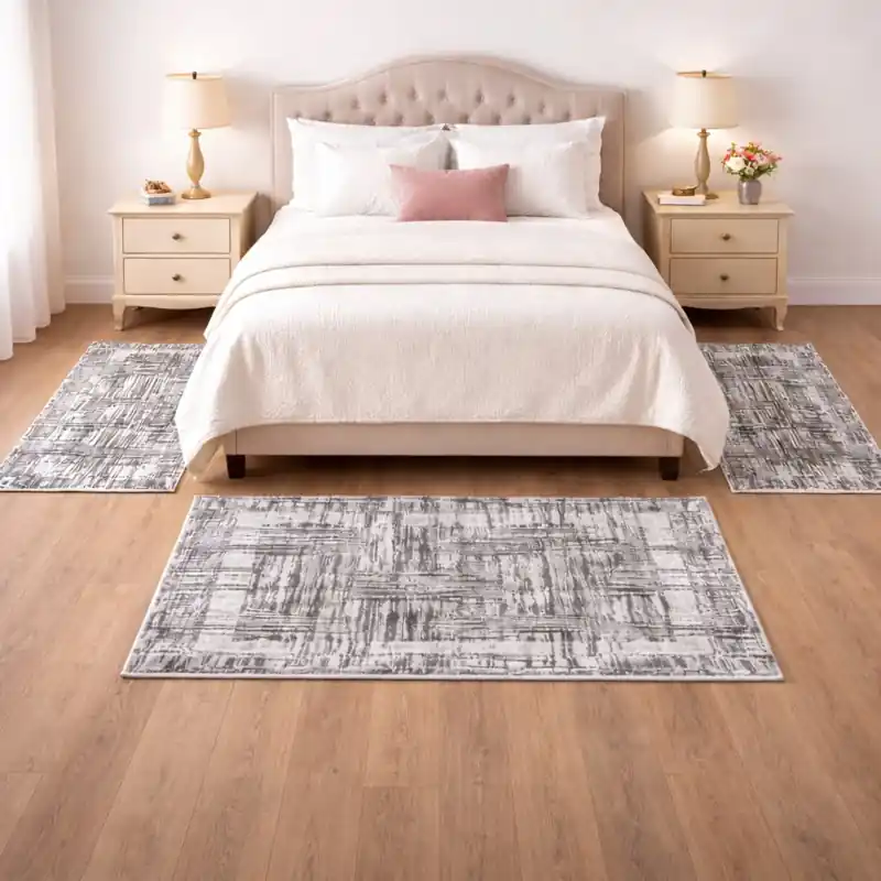 THAILAND - Tappeto Parure - Moderno Geometrico - Lavabile ed Antiscivolo - Ciniglia Jacquard - Grigio