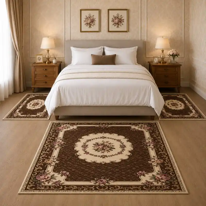 BOUQUET - Tappeto Parure Scendiletto Classico Floreale - Lavabile ed Antiscivolo - Ciniglia Jacquard - Marrone