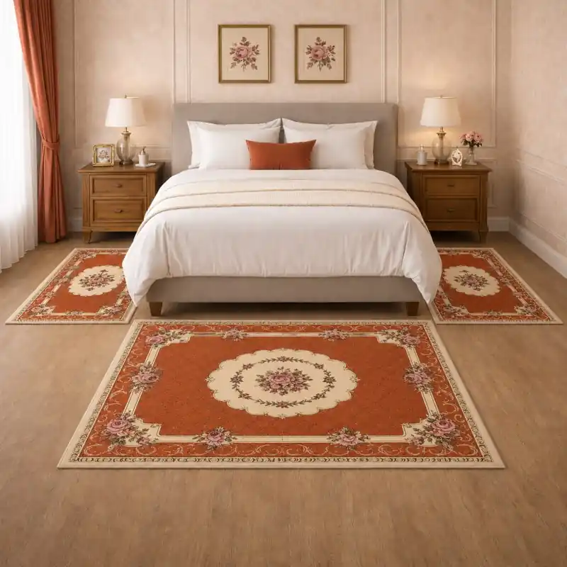 BOUQUET - Tappeto Parure Scendiletto Classico Floreale - Lavabile ed Antiscivolo - Ciniglia Jacquard - Arancio