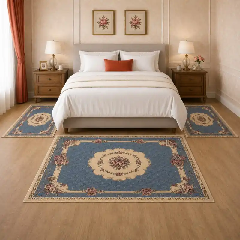 BOUQUET - Tappeto Parure Scendiletto Classico Floreale - Lavabile ed Antiscivolo - Ciniglia Jacquard - Azzurro