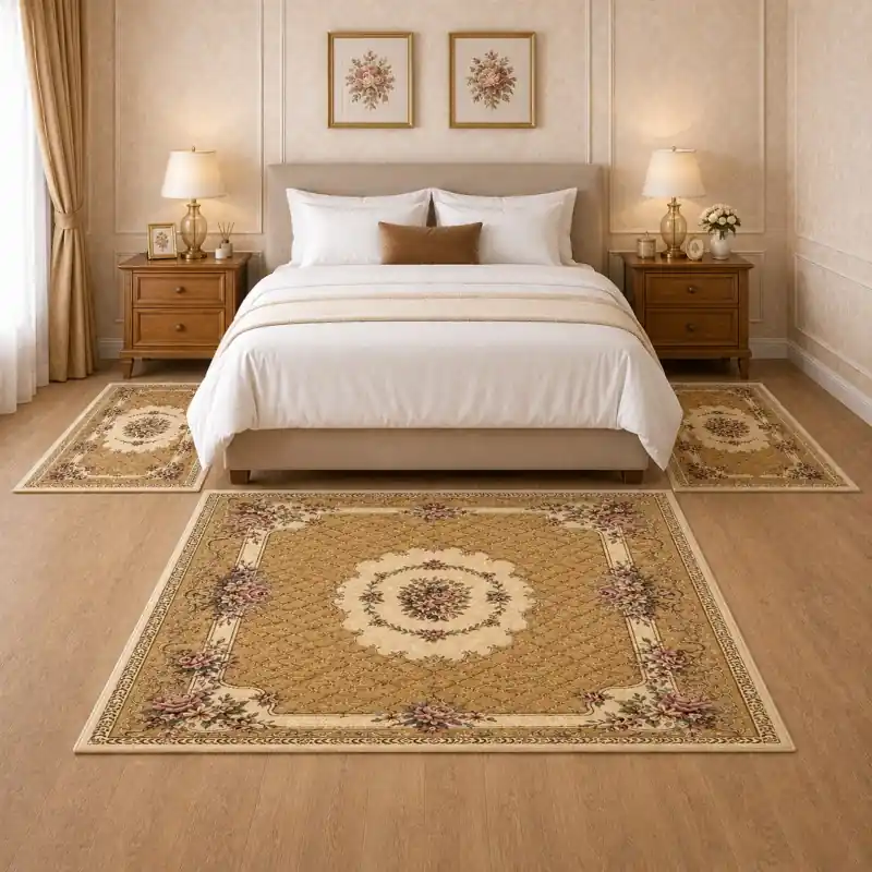 BOUQUET - Tappeto Parure Scendiletto Classico Floreale - Lavabile ed Antiscivolo - Ciniglia Jacquard - Beige