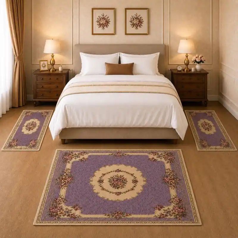 BOUQUET - Tappeto Parure Scendiletto Classico Floreale - Lavabile ed Antiscivolo - Ciniglia Jacquard - Viola