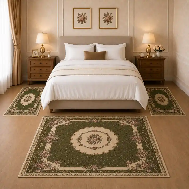 BOUQUET - Tappeto Parure Scendiletto Classico Floreale - Lavabile ed Antiscivolo - Ciniglia Jacquard - Verde