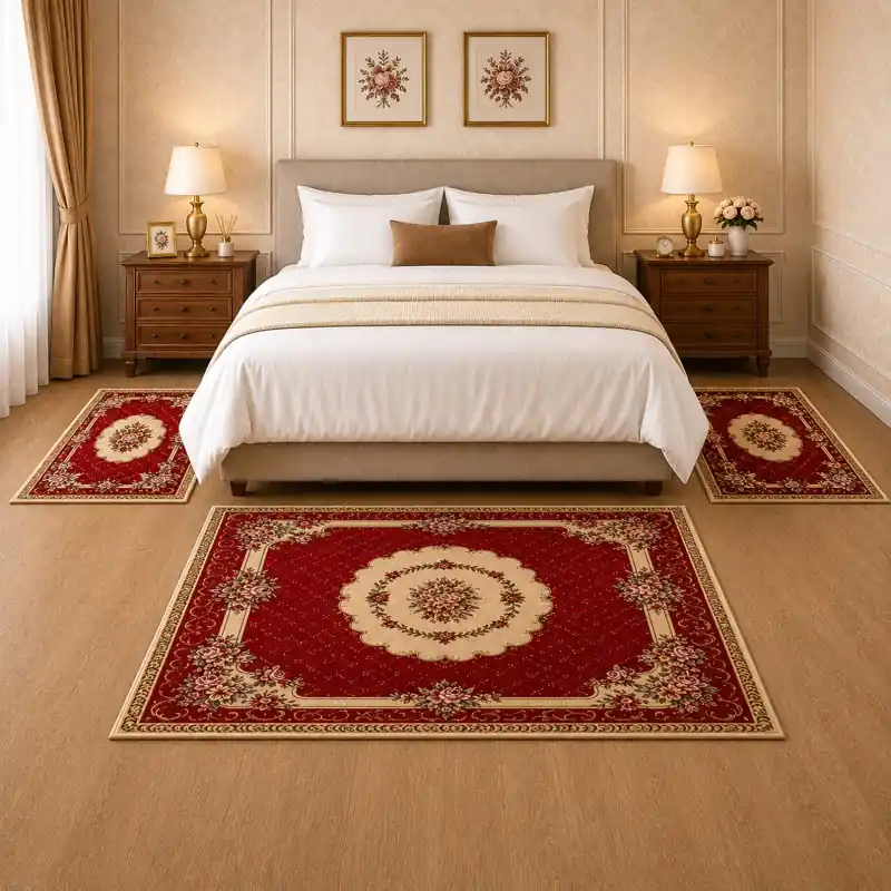 BOUQUET - Tappeto Parure Scendiletto Classico Floreale - Lavabile ed Antiscivolo - Ciniglia Jacquard - Rosso