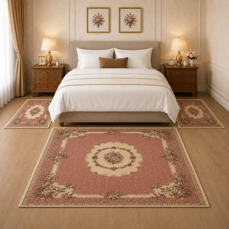 BOUQUET - Tappeto Parure Scendiletto Classico Floreale - Lavabile ed Antiscivolo - Ciniglia Jacquard - Rosa