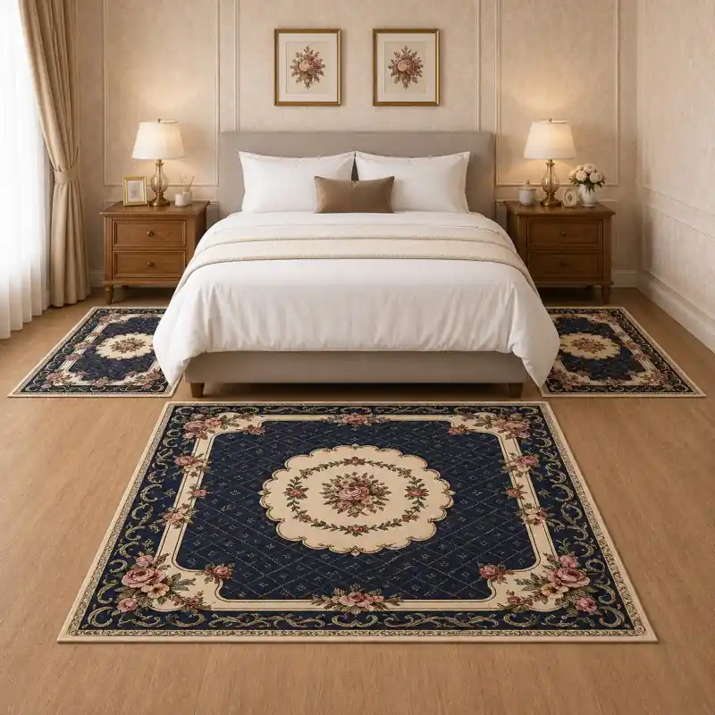 BOUQUET - Tappeto Parure Scendiletto Classico Floreale - Lavabile ed Antiscivolo - Ciniglia Jacquard - Blu