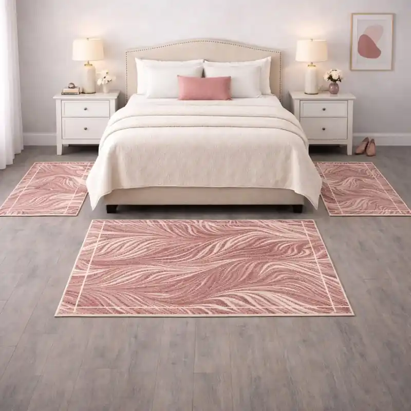 FLOW - Tappeto Parure Scendiletto Moderno Floreale Natura Jungla - Lavabile ed Antiscivolo - Ciniglia Jacquard - Rosa