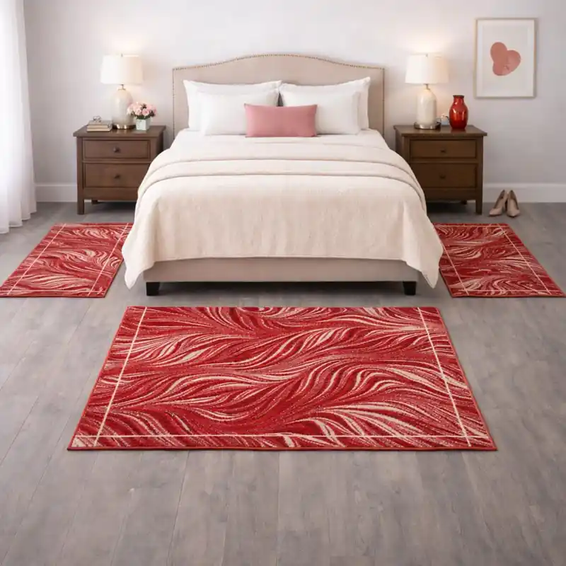 FLOW - Tappeto Passatoia Parure Scendiletto Moderno Natura Jungla - Lavabile ed Antiscivolo - Ciniglia Jacquard - Rosso