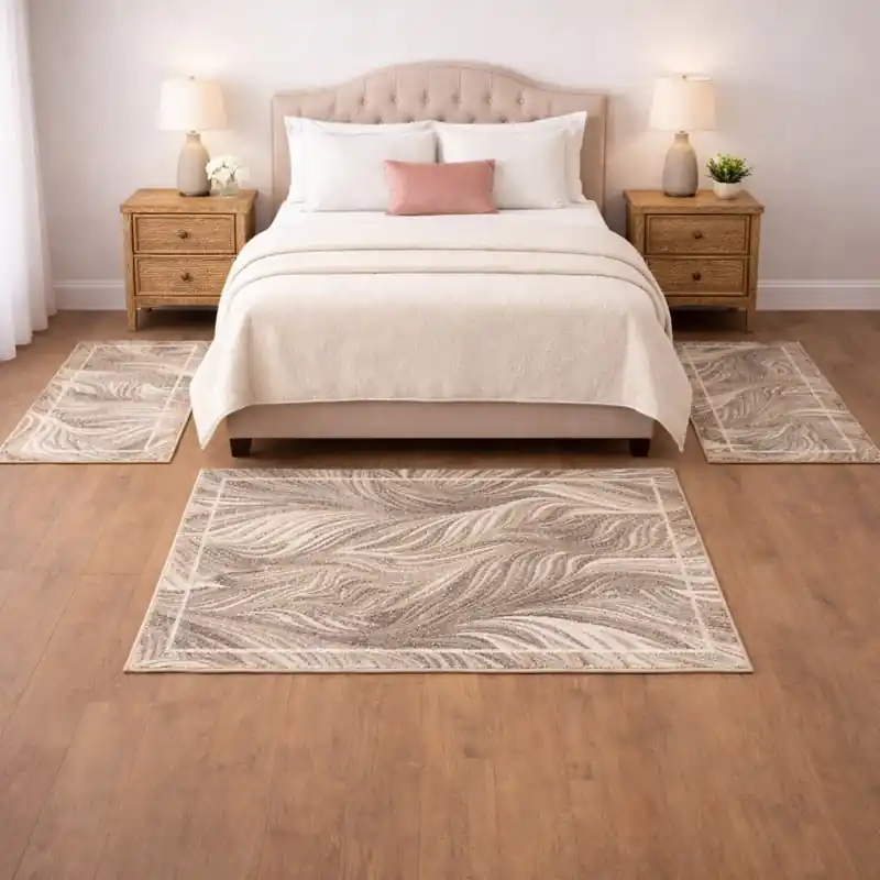 FLOW - Tappeto Passatoia Parure Scendiletto Moderno Natura Jungla - Lavabile ed Antiscivolo - Ciniglia Jacquard - Tortora