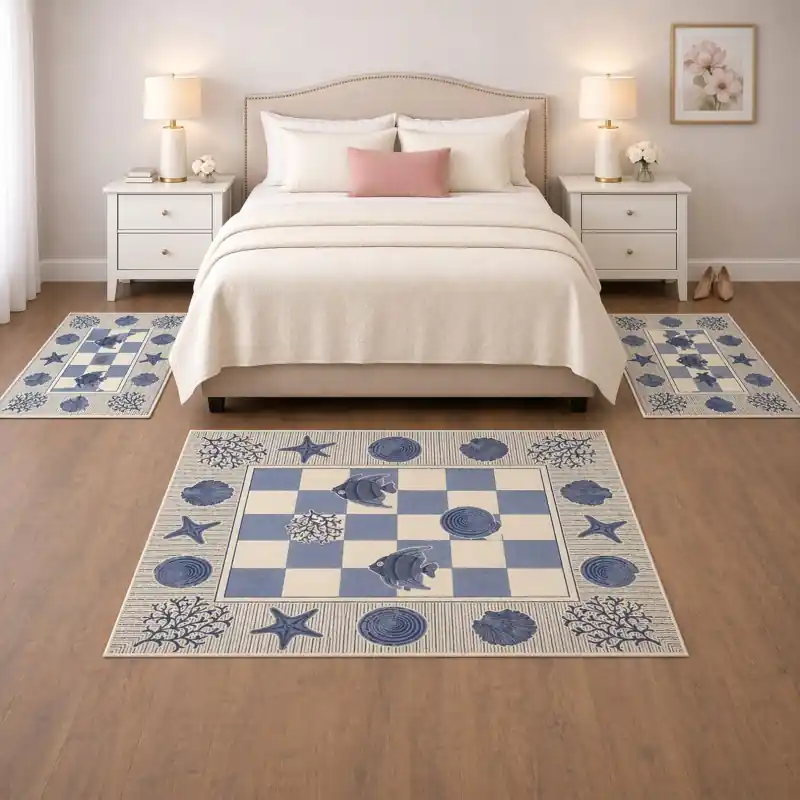 MARINE - Tappeto Parure Scendiletto Moderno Ciniglia Jacquard Scacchiera Conchiglie - Lavabile ed Antiscivolo - Blu
