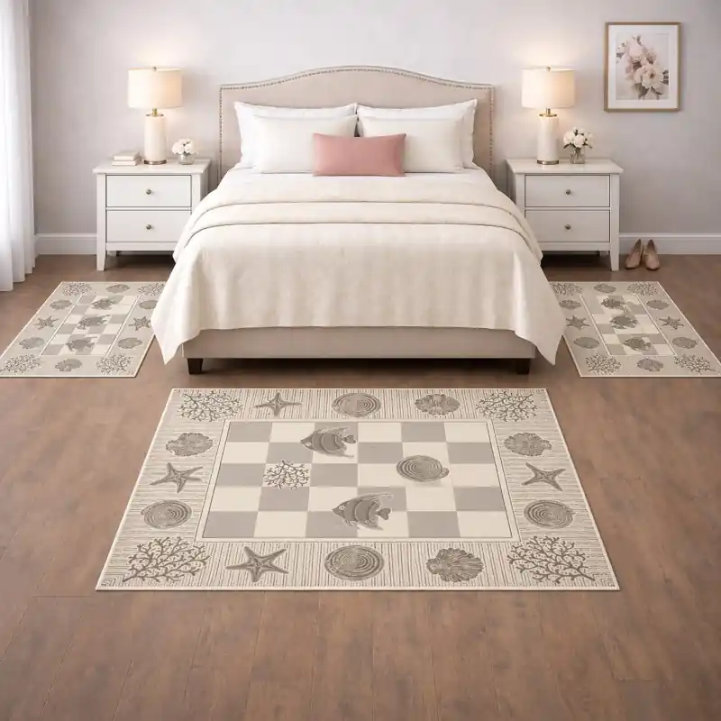 MARINE - Tappeto Parure Scendiletto Moderno Ciniglia Jacquard Scacchiera Conchiglie - Lavabile ed Antiscivolo - Beige