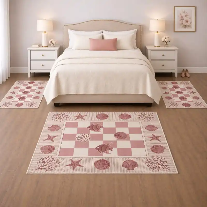 MARINE - Tappeto Parure Scendiletto Moderno Ciniglia Jacquard Scacchiera Conchiglie - Lavabile ed Antiscivolo - Rosso