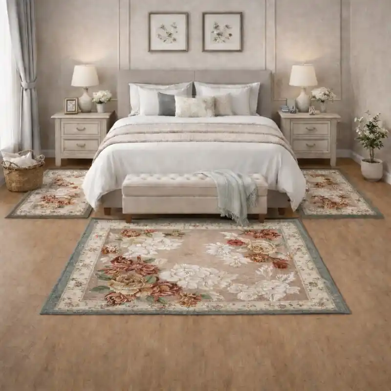 ROSETO - Tappeto Parure Scendiletto Moderno Floreale - Lavabile ed Antiscivolo - Ciniglia Jacquard - Grigio